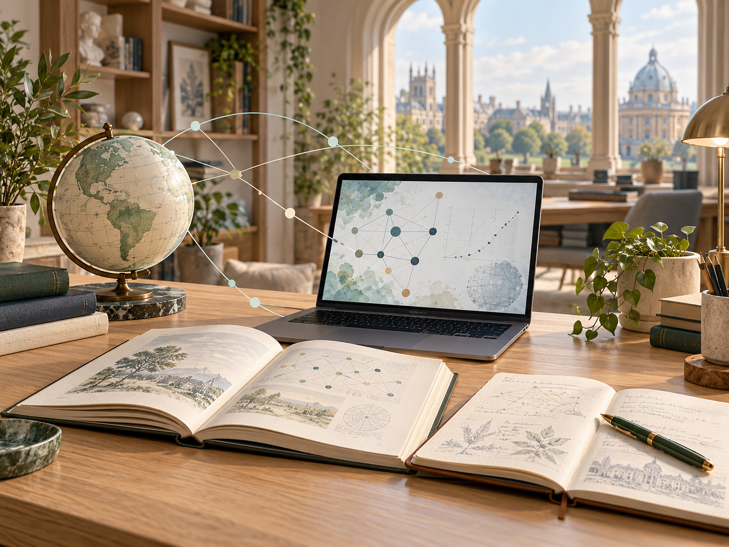 Technology and lifelong learning: books, a laptop and a globe in a calm university workspace